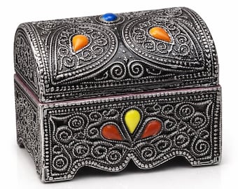 Handmade Moroccan Jewelry Box – Engraved Metal Trinket with Velvet Lining