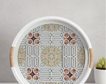 Bandeja marroquí de madera con cristal para servir café y té – Bandeja redonda hecha a mano – Decoración bohemia