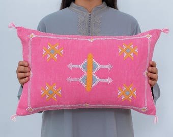Handwoven Cactus Silk Lumbar Pillow, Pink Moroccan Boho Decor, Tassel Accent