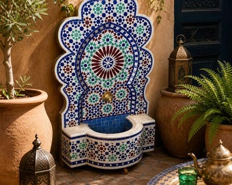 Moroccan Zellige Wall Fountain Handmade | Mosaic Tile Fountain | Riad Decor | Indoor Outdoor Garden Fountain | Luxury Mediterranean Decor