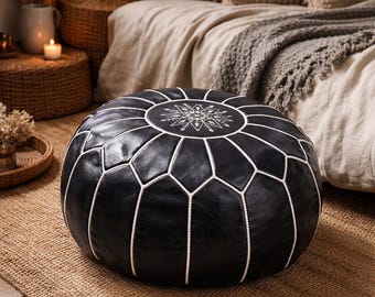Handmade Moroccan Leather Pouf Ottoman, Boho Footstool, Genuine Leather Floor Cushion