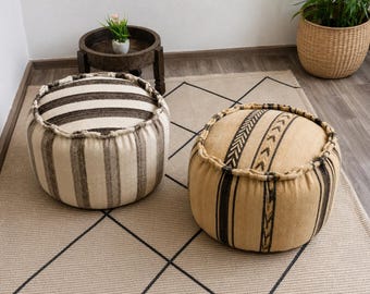 Handmade Moroccan Pouf Ottoman | Berber Floor Cushion | Neutral Boho Footstool | Moroccan Living Room Decor | Floor Seating Ottoman