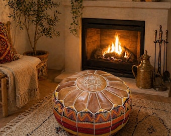 Handmade Moroccan Leather Pouf Ottoman, Berber Floor Cushion, Boho Home Decor Seat