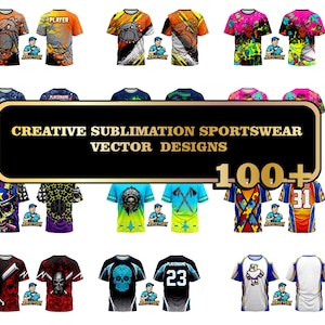 May include: A selection of sportswear designs with diverse graphic prints. The designs showcase animals, skulls, and abstract patterns. The text "CREATIVE SUBLIMATION SPORTSWEAR VECTOR DESIGNS" is displayed on a black background, with the number "100+".
