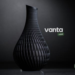 May include: A black vase with a unique, geometric design. The vase has a slender neck and a bulbous body, with a textured surface. The word "vanta" is displayed in white, with "vase" in green. The vase is a decorative home decor item.