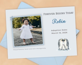 Penguin Adoption Announcement, Adoption Reveal Card, Forever Family Announcement, Adoption Milestone Keepsake Template