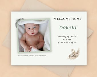 Editable Owl Birth Announcement Template, Woodland Baby Announcement, Neutral Nursery, Watercolor Forest Baby Reveal