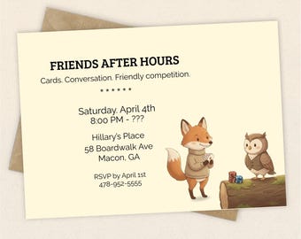 Poker Night Invitation Template, Card Night Party Invite, Woodland Game Night Invitation, Fox Owl Party Invite