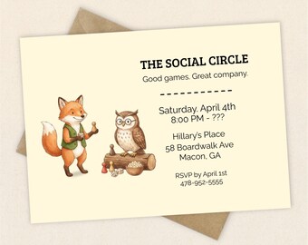 Game Night Invitation Template, Board Game Party Invite, Woodland Game Night Invitation, Fox Owl Party Invite