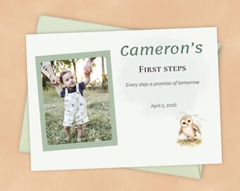First Steps Keepsake Printable, Editable Baby Milestone Poster, Woodland Owl Baby Memory Print, Personalized First Walking Keepsake