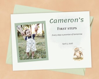 First Steps Keepsake Printable, Editable Baby Milestone Poster, Woodland Owl Baby Memory Print, Personalized First Walking Keepsake