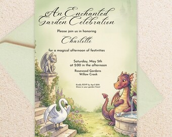 Editable Fantasy Garden Party Invitation, Dragon & Swan Birthday Invite, Medieval Castle Celebration, Whimsical Printable Invitation