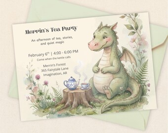 Merrin’s Tea Party Invitation, Whimsical Dragon Tea Party Invite, Storybook Afternoon Tea, Printable Birthday or Gathering Invite