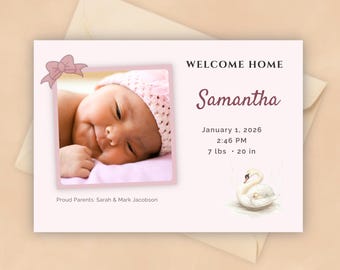 Editable Swan Birth Announcement Template, Nature Baby Announcement, Neutral Nursery, Watercolor Baby Reveal