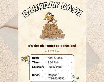 Dog Birthday Invitation, Barkday Bash Party Invite, Puppy Birthday Party Invitation, Pet Birthday Celebration Invite Template