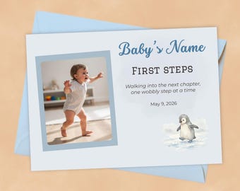 Penguin First Steps Keepsake, Editable Baby Milestone Poster, Arctic Nursery Memory Print, Personalized Toddler Walking Keepsake