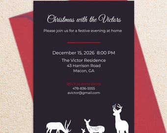 Puede incluir: Una tarjeta de invitación rectangular de color morado oscuro con siluetas blancas de cuatro ciervos sobre un paisaje nevado. El texto dice: Christmas with the Victors, Please join us for a festive evening at home, December 15, 2026 8:00 PM, The Victor Residence, 43 Harrison Road, Macon, GA, RSVP to Anne Victor, 478-836-5555, avictor@gmail.com.