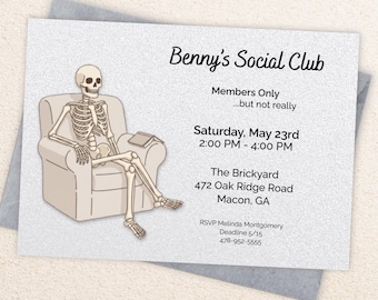 Benny’s Social Club Invitation Template, Editable Adult Party Invite, Cozy Gathering Invitation, Skeleton Social Club Invite