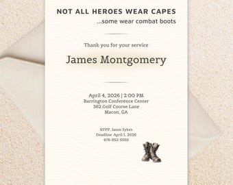 Not All Heroes Wear Capes Invitation, Military Retirement Invite, Military Appreciation Template