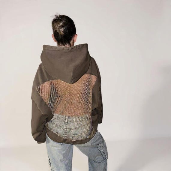 Sweatshirt Backless Mesh Hoodie – Gothic Y2K Shiny Top - Etsy