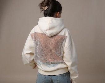 トップス 00s archive sheer glitter hooded shirt Sweatshirt Backless Mesh Hoodie – Gothic Y2K Shiny Top - Etsy