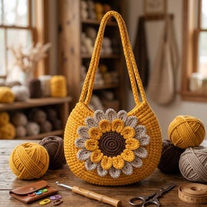 May include: A handmade yellow crochet bag with a sunflower design. The bag has a round shape and two handles. The sunflower is made of yellow, gray, and brown yarn. Yarn balls, a crochet hook, scissors, and a measuring tape are on the wooden surface.