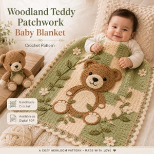 Può includere: Uno schema all'uncinetto per una copertina da neonato patchwork Woodland Teddy con un'applicazione di orsetto marrone su uno sfondo a scacchi verde e crema con dettagli floreali. Il testo recita Woodland Teddy Patchwork Baby Blanket.