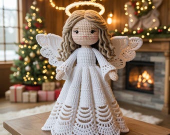Könnte beinhalten: Eine handgefertigte, weiße Häkel-Engels-Puppe mit Heiligenschein und Flügeln. Die Puppe hat hellbraunes Haar und trägt ein langes, fließendes Kleid. Der Engel wird auf einem Holztisch ausgestellt, mit einem Weihnachtsbaum und einem Kamin im Hintergrund.
