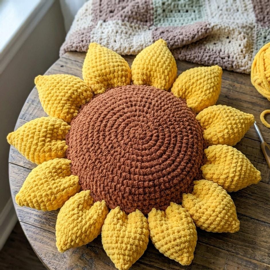 28 Large Sunflower Crochet Patterns: Brighten Your Home with DIY Decor 11 Sunflower Crochet Pillow Pattern 16 Petal 3D Stuffed