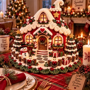 Könnte beinhalten: Ein gehäkeltes Lebkuchenhaus mit roter Struktur, weißem Wellenrand, einem Schneemann, zwei Weihnachtsbäumen und Geschenken. Das Haus hat beleuchtete Fenster, einen Türkranz und steht auf einer Basis aus grünen Blättern.