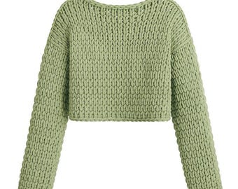 Handmade Chunky Crochet Sweater  Soft  Sage  green  Cozy Knit Pullover for Winter Wear