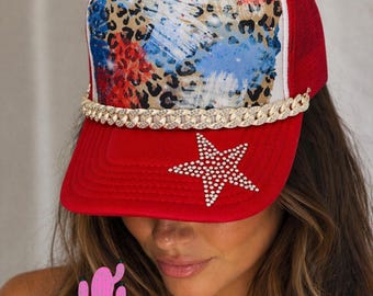 Estampado de guepardo, rojo/blanco/azul, transferencia por sublimación para gorra