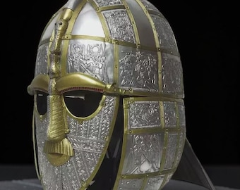 Réplica do Capacete de Sutton Hoo – Máscara de Armadura Medieval em Aço Feita à Mão, para LARP e Cosplay.