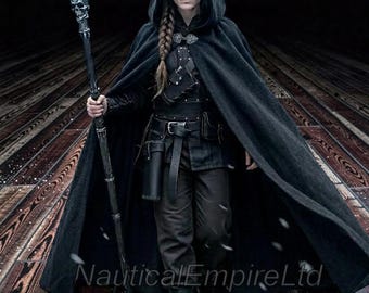Capa com capuz feita à mão em lona de algodão – Capa medieval de comprimento total para ranger, LARP, cosplay