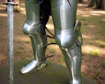 Ręcznie wykonany średniowieczny rycerz ze stalową zbroją na nogi, kostium na Halloween, cosplay larp