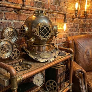 May include: A brass diving helmet is displayed on a wooden shelf with copper piping. The shelf also features antique clocks, gears, and books. The background includes a brick wall and a leather armchair, creating a steampunk theme.