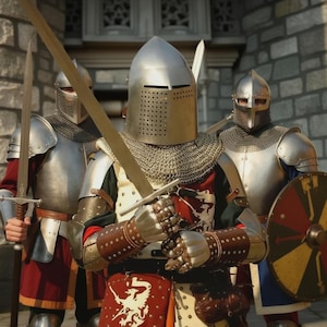 Puede incluir: Tres individuos con armadura de caballero medieval, incluyendo cascos, cota de malla y petos metálicos. Los caballeros sostienen espadas y escudos, con un enfoque en la recreación histórica o el disfraz. La armadura es plateada, con detalles en rojo y marrón.