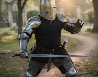 Armadura de Cavaleiro Templário Vestível – Traje de Cruzado em Aço Polido para Cosplay, LARP e Cosplay