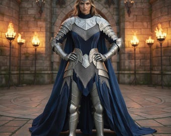 Traje de Rainha Guerreira com Armadura Completa, Cosplay de Cavaleiro de Placas, Roupa para Feira Renascentista