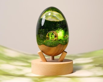 Huevo de madera y resina con anillo de runas hecho a mano / Ideal para la oficina y el hogar, decoración de estanterías / Regalo para él