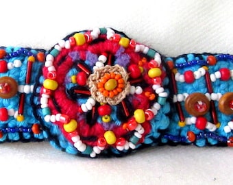 Crochet beaded bracelet Cuff bracelet Crochet bracelet Crochet jewelry Giftidea Bohemian bracelet Colourful barcelet Boho Flower bracelet