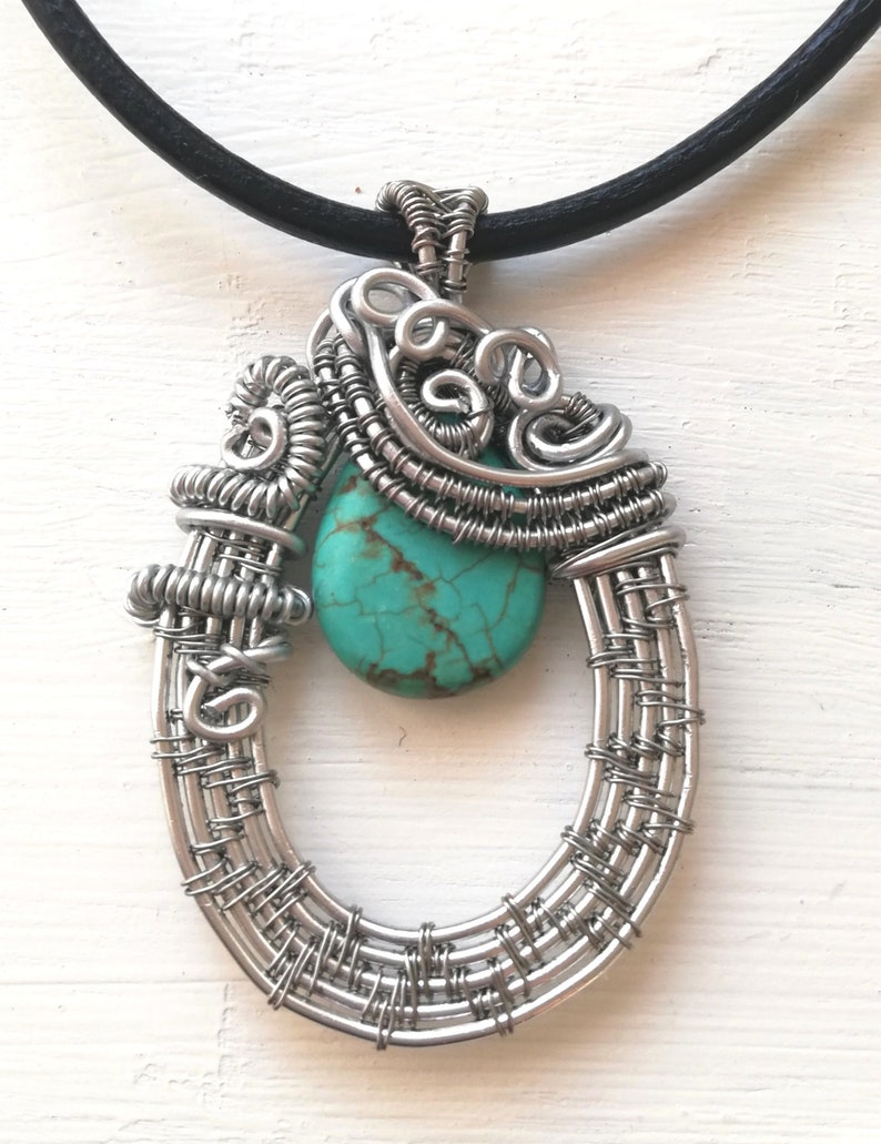 Wire wrapped pendant Handmade Turquoise jewerly Wirewrapping Bohemian Oneofakind