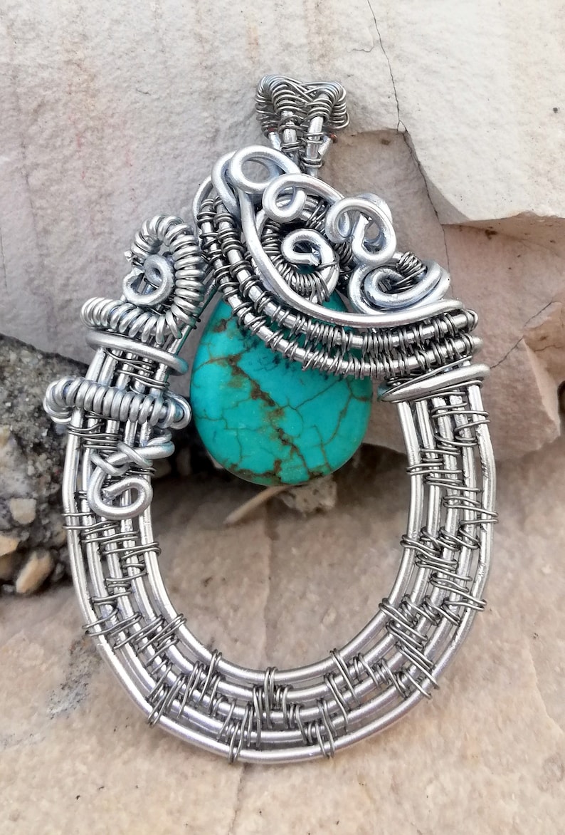 Wire wrapped pendant Handmade Turquoise jewerly Wirewrapping Bohemian Oneofakind