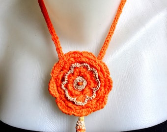 Crochet Flower Necklace Orange Crochet Necklace With a Flower Handmade Necklace Tassel Necklace Handmade necklace Bohochic