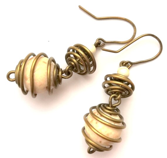 Wirewrapped Bead Cage Earrings Brac Stone Wrapped Bead Etsy UK