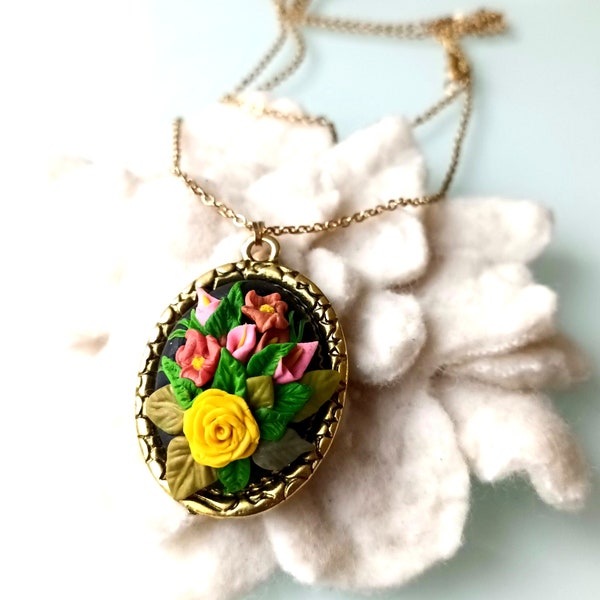 Embroidery Flower Bouquet Necklace Pendant Polimerclay filigree Pendant for Women,Her,Mom Romantic jewerly Artisan pendant Bohochic Handmade