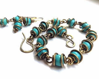 Boho Turquoise Bracelet Cage Jewelry Set Wired Wrapped Jewerly Turquoise Bracelet En pierre bracelet Boucles d’oreilles Wirewrapped Handmade