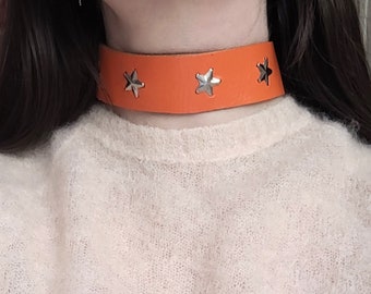 1970s Orange Dog Collar or Human Choker Necklace with Star Studs