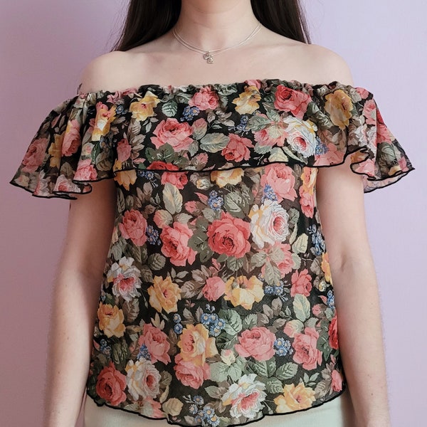 1970s Floral Ruffle Blouse S M