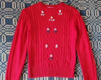 1970s Red Flowers Sweater XS S